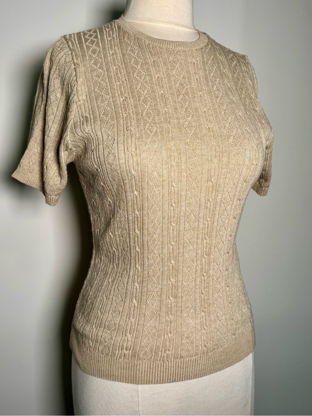 Alfred Dunner Short Sleeve Cable Knit Top in Light Beige
